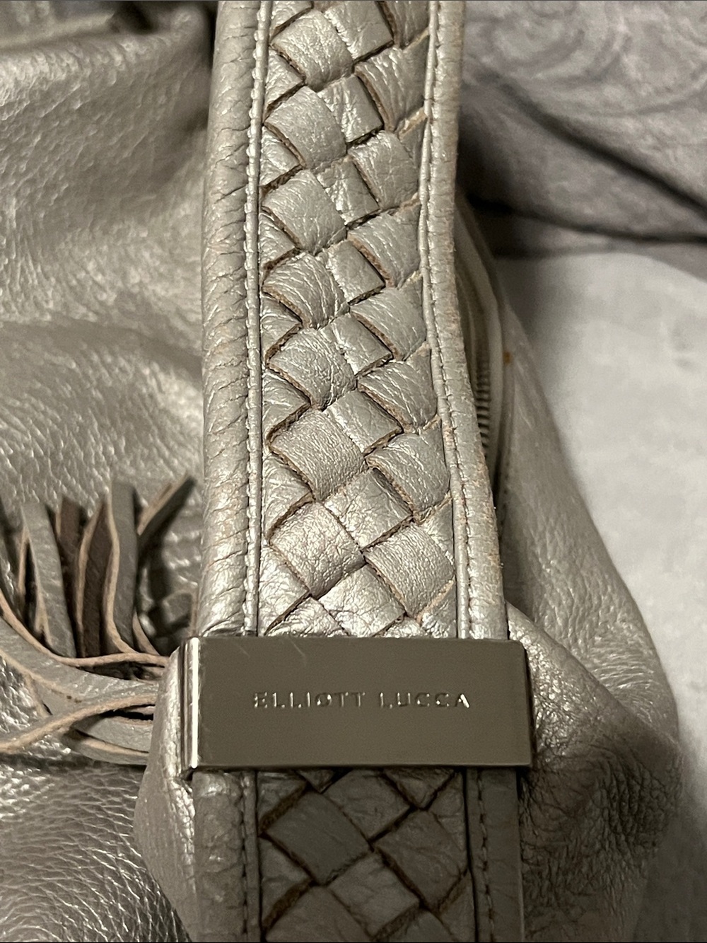 Elliot Lucca Metallic Silver Women's Leather Shoulder Bag with Tassel-EUC - Picture 3 of 8